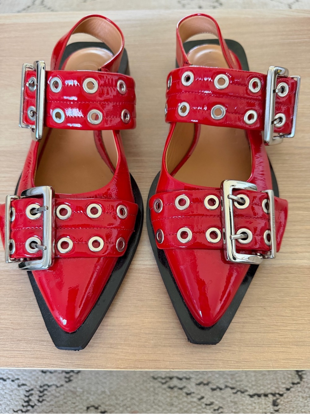 Ganni Feminine Buckle Ballerinas in Red